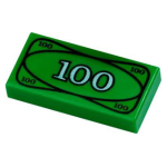 LEGO 3069pbx7 Green Tile 1 x 2 with Groove with White 100 Paper Bill Money Pattern (losse stenen 25-5)*P