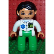 LEGO 47394pb137 Duplo Figure Lego Ville, Female, Medic, Bright Green Legs, White Top with ID Badge and EMT Star of Life Pattern, Black Hair, Brown Eyes