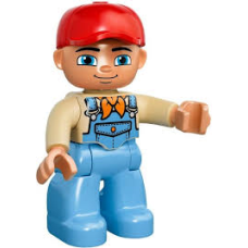 LEGO 30067 47394pb167 Duplo Figure Lego Ville, Male, Medium Blue Legs, Tan Top with Medium Blue Overalls, Bandana, Red Cap