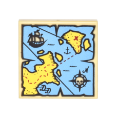 LEGO 3068bpb0929 Tan Tile 2 x 2 with Groove with Map Blue Water, Yellow Land, Compass, Pirate Ship and Red 'X' Pattern (lossestenen 1,22)*