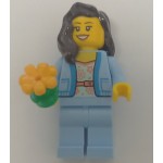 LEGO cty1354 Female, White Shirt with Coral Flowers, Bright Light Blue Jacket and Legs, Dark Brown Hair and Flower *P