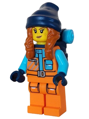 LEGO cty1614 Arctic Explorer - Female, Orange Jacket, Dark Orange Braids with Dark Blue Beanie, Freckles, Backpack**