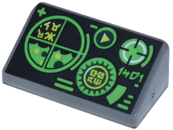 85984pb176 LEGO 85984pb176 Dark Bluish Gray Slope 30 1 x 2 x 2/3 with Black, Bright Green and Lime Control Screen with Ninjago Logogram 'SEEK', Radar, Play Button, Plus and Minus Sign Pattern (stenen 38-8) ^ - Afbeelding 1