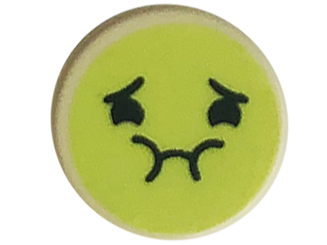98138pb281 LEGO 98138pb281 White Tile, Round 1 x 1 with Emoji, Yellowish Green Queasy Face, and Black Eyes, Eyebrows, and Mouth Pattern, 35381pb281(stenen 58-13)^ - Afbeelding 1